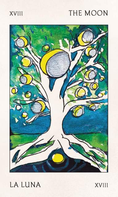 The Moon / La Luna card from "The Borderlands Tarot / El Tarot de Tierras Fronterizas"